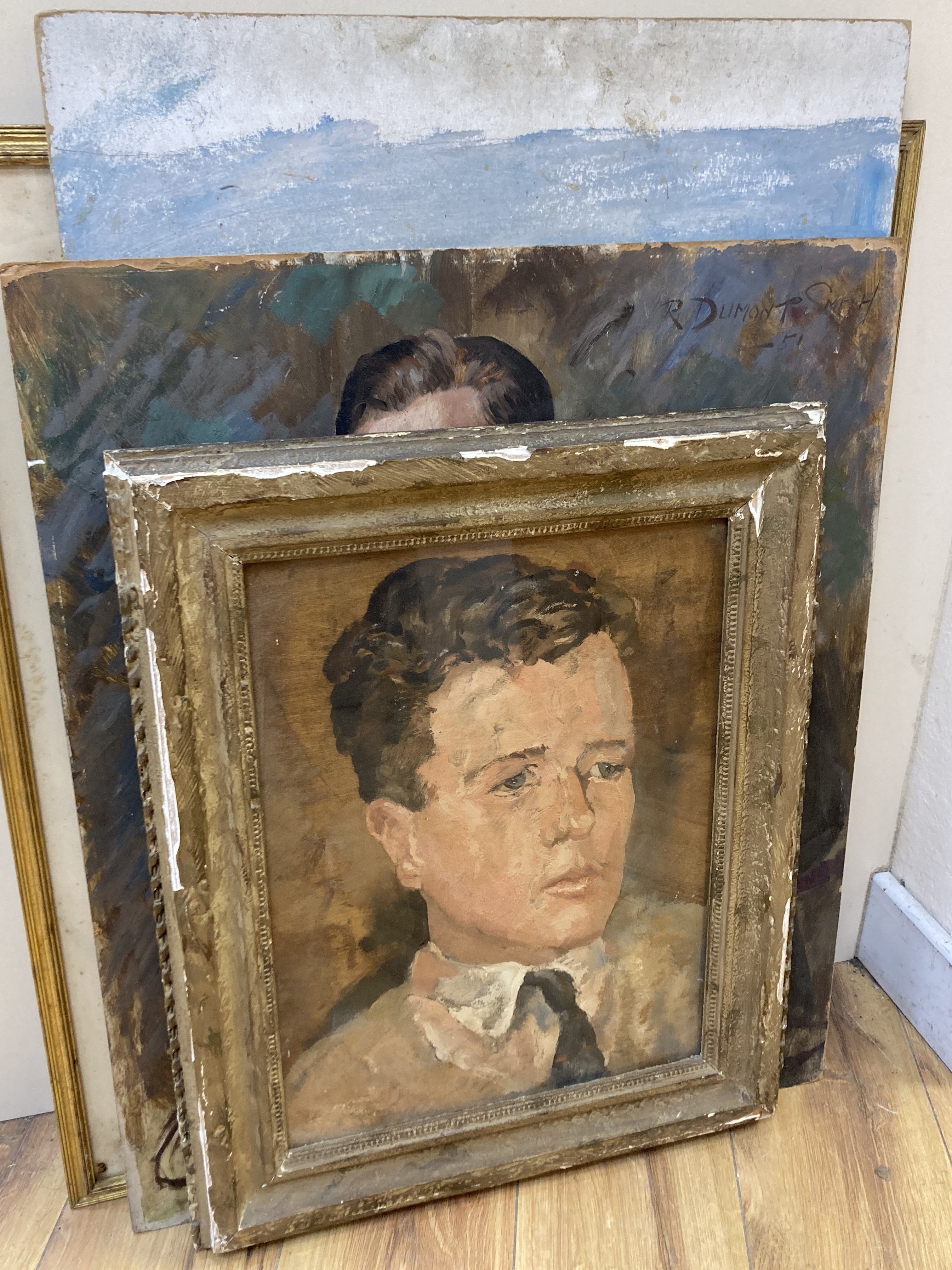 R. Dumont-Smith, three oil on board portraits and a watercolour sketch, largest 77 x 50cm